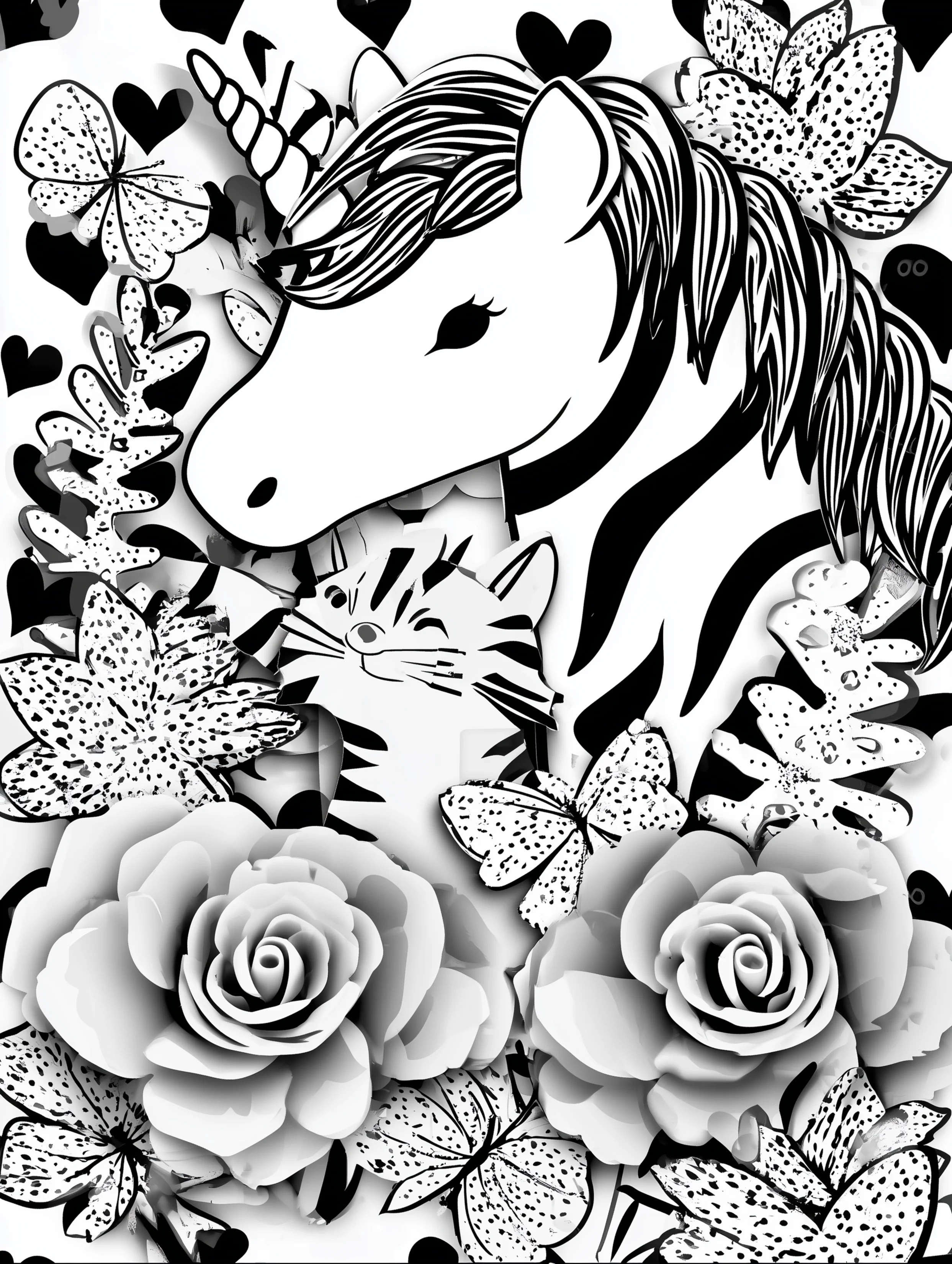 Free printable unicorn coloring page for adults featuring a cat looking up toward a unicorn